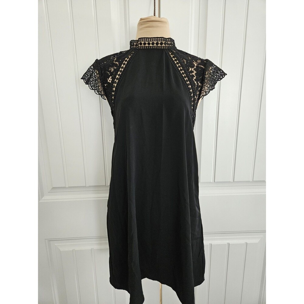 Zara Mock Neck Lace Short Sleeve Shift Dress Black S